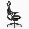 A black ergonomic office chair with a headrest, adjustable armrests, and a five-wheel base, shown from a side profile view on a light gray background.