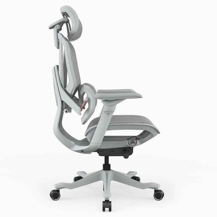 A modern ergonomic office chair with a light gray mesh seat and back, a curved light gray frame, adjustable armrests, and a black five-star wheeled base, shown from a side profile view on a white background.