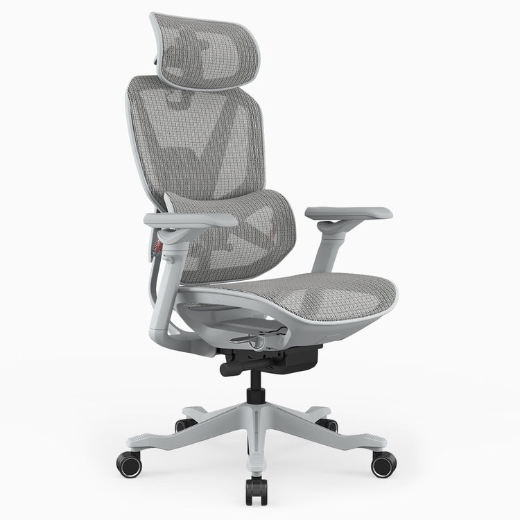 A modern gray mesh ergonomic office chair with a headrest, adjustable armrests, and a five-wheel base, shown against a plain white background.