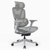 A modern gray mesh ergonomic office chair with a headrest, adjustable armrests, and a five-wheel base, shown against a plain white background.