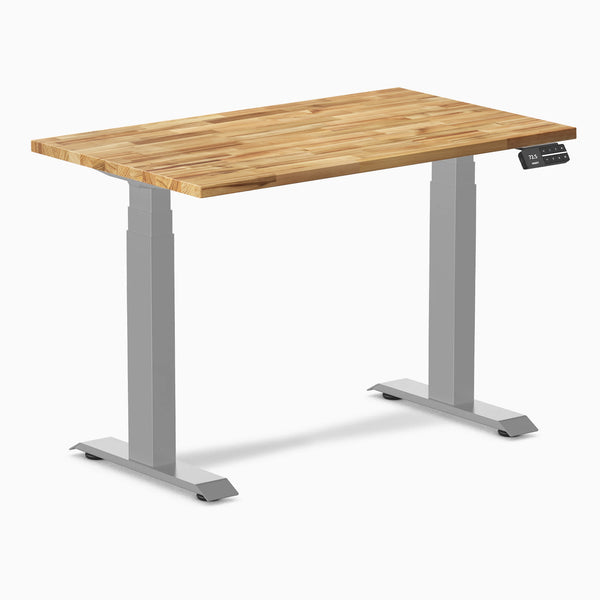 Desky Dual Mini Hardwood Sit Stand Desk, Acacia desktop, Grey frame