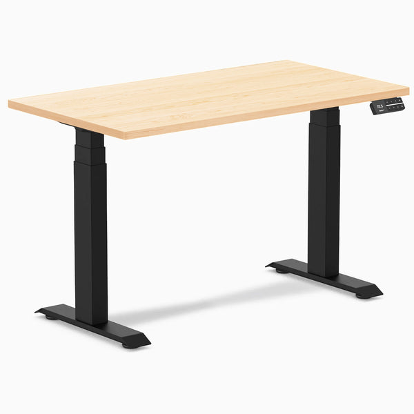 Desky Dual Mini Hardwood Sit Stand Desk, Maple desktop, Matte Black frame