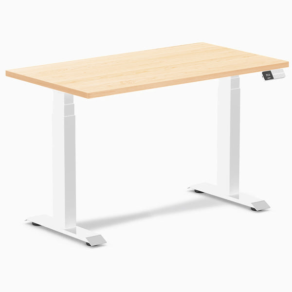 Desky Dual Mini Hardwood Sit Stand Desk, Maple desktop, White frame