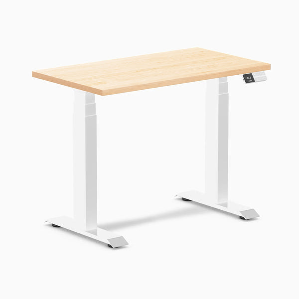 Desky Dual Mini Hardwood Sit Stand Desk, Maple desktop, White frame