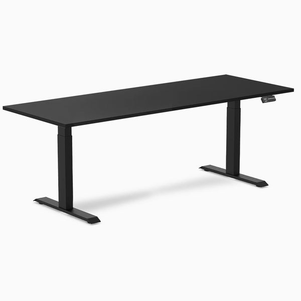 Desky Dual Melamine Sit Stand Desk, Black desktop, Matte Black frame