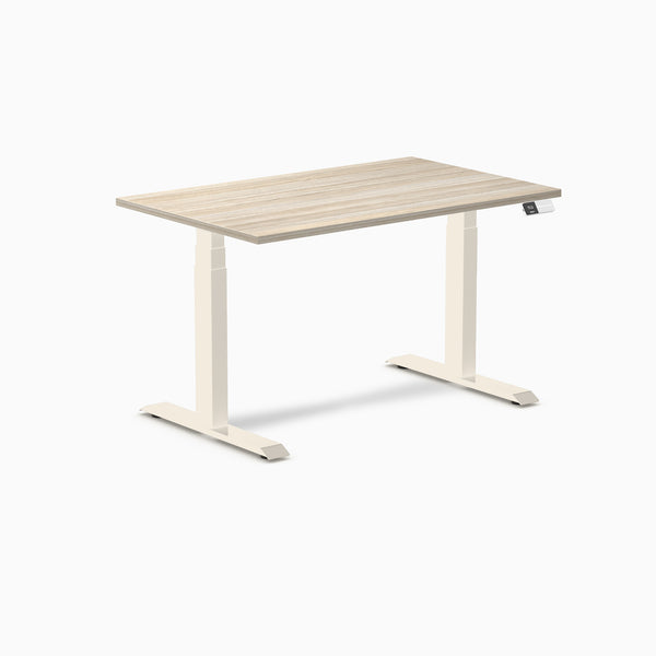Desky Dual Melamine Sit Stand Desk, Classic Oak desktop, Wheat frame