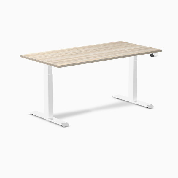 Desky Dual Melamine Sit Stand Desk, Classic Oak desktop, White frame