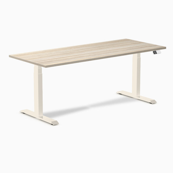 Desky Dual Melamine Sit Stand Desk, Classic Oak desktop, Wheat frame