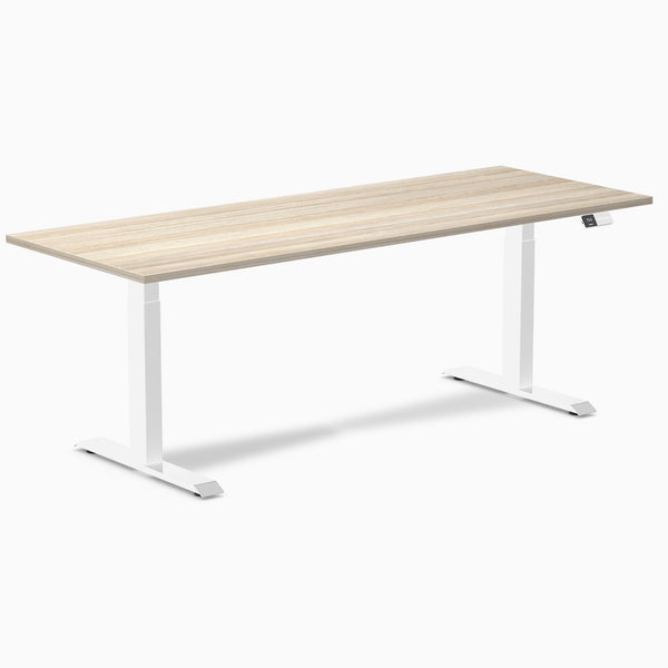 Desky Dual Melamine Sit Stand Desk, Classic Oak desktop, White frame