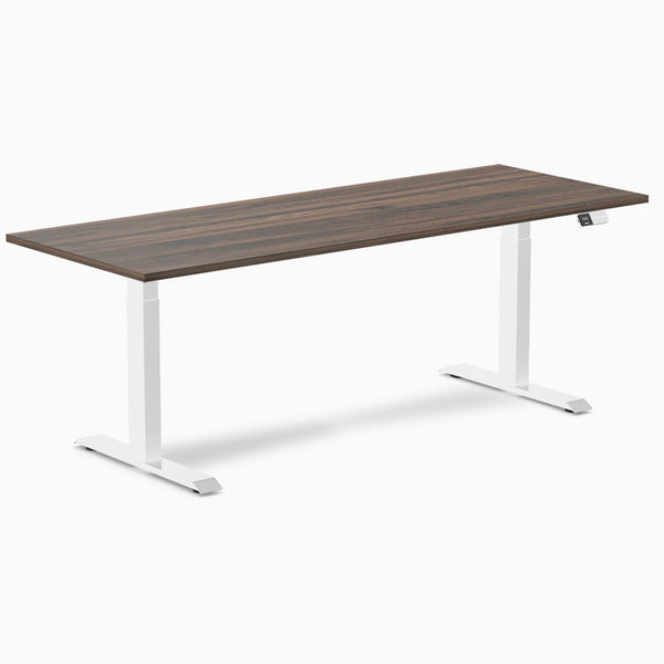 Desky Dual Melamine Sit Stand Desk, Jarrah Legno desktop, White frame