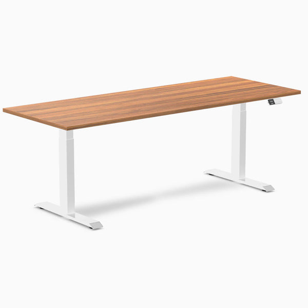 Desky Dual Melamine Sit Stand Desk, Prime Oak desktop, White frame
