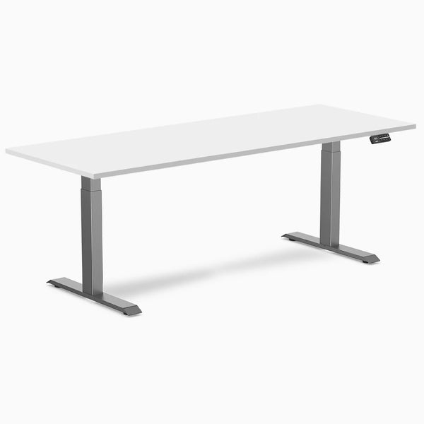 Desky Dual Melamine Sit Stand Desk, White desktop, Space Grey frame