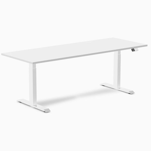Desky Dual Melamine Sit Stand Desk, White desktop, White frame