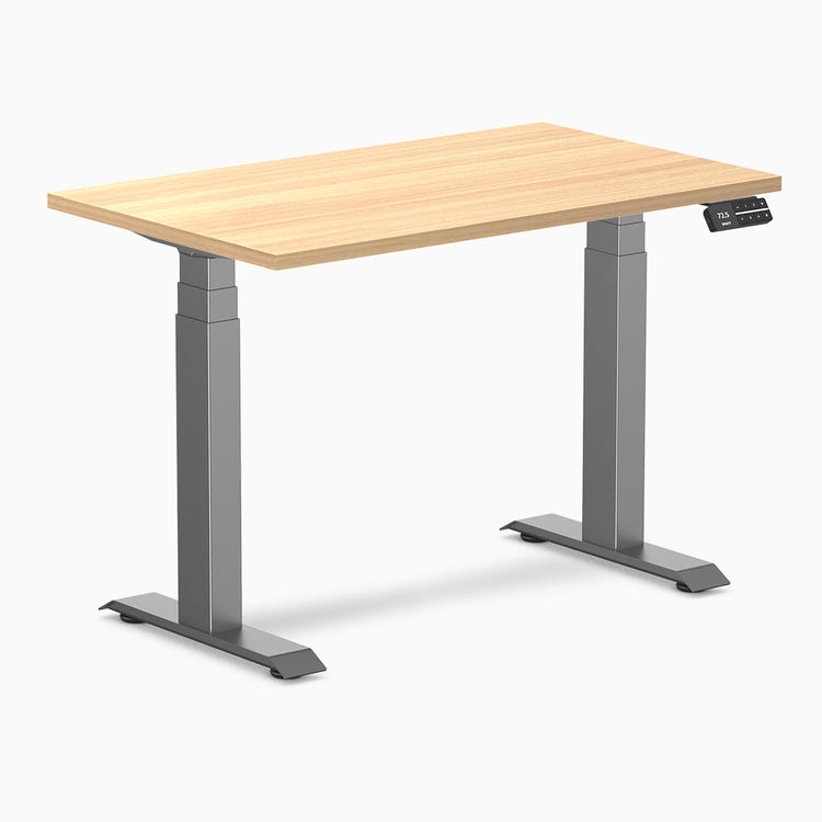 Desky dual mini standing desk hardwood sublime teak in space grey 1000mm