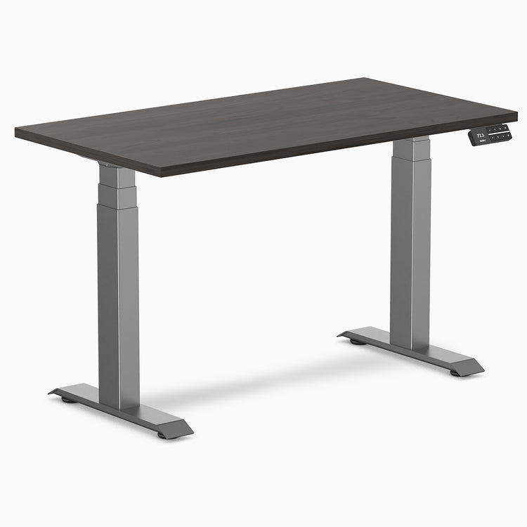 Desky Dual mini sit stand desk burnished wood melamine desktop