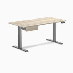 Desky Dual Scalloped Melamine Standing Desk With Drawer, Classic Oak desktop, Space Grey frame