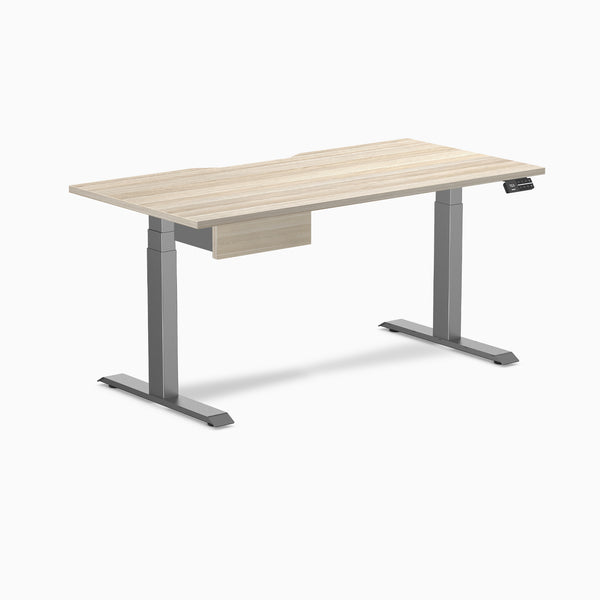 Desky Dual Scalloped Melamine Standing Desk With Drawer, Classic Oak desktop, Space Grey frame