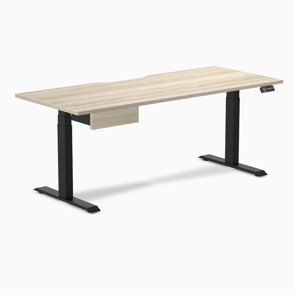 Desky Dual Scalloped Melamine Standing Desk With Drawer, Classic Oak desktop, Matte Black frame
