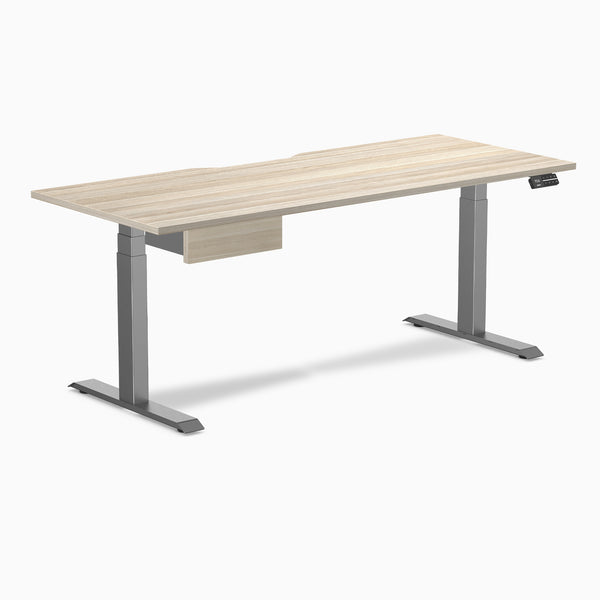 Desky Dual Scalloped Melamine Standing Desk With Drawer, Classic Oak desktop, Space Grey frame