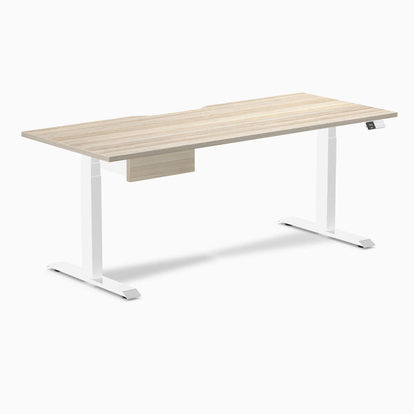 Desky Dual Scalloped Melamine Standing Desk With Drawer, Classic Oak desktop, White frame