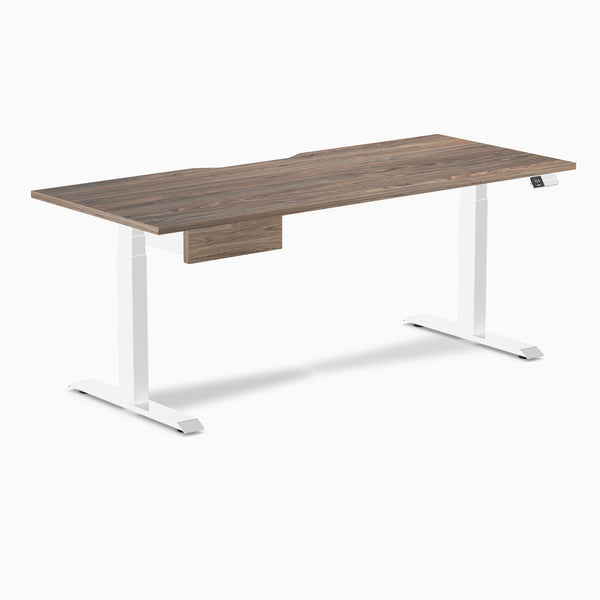 Desky Dual Scalloped Melamine Standing Desk With Drawer, Natural Walnut desktop, White frame