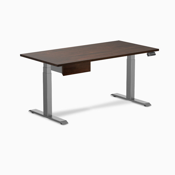 Desky Dual Rubberwood Standing Desk With Drawer, Dark Walnut desktop, Space Grey frame
