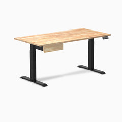 Desky Dual Rubberwood Standing Desk With Drawer, Natural Timber desktop, Matte Black frame