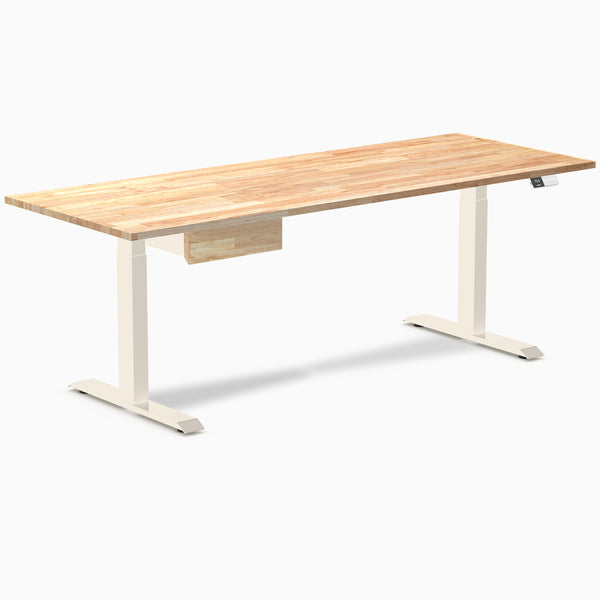 Desky Dual Rubberwood Standing Desk With Drawer, Natural Timber desktop, Wheat frame