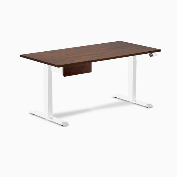 Desky Dual Rubberwood Standing Desk With Drawer, Red Walnut desktop, White frame