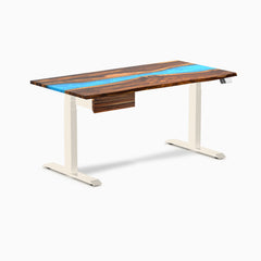 Desky Dual Resin Hardwood Standing Desk With Drawer, Pheasantwood Blue River desktop, Wheat frame