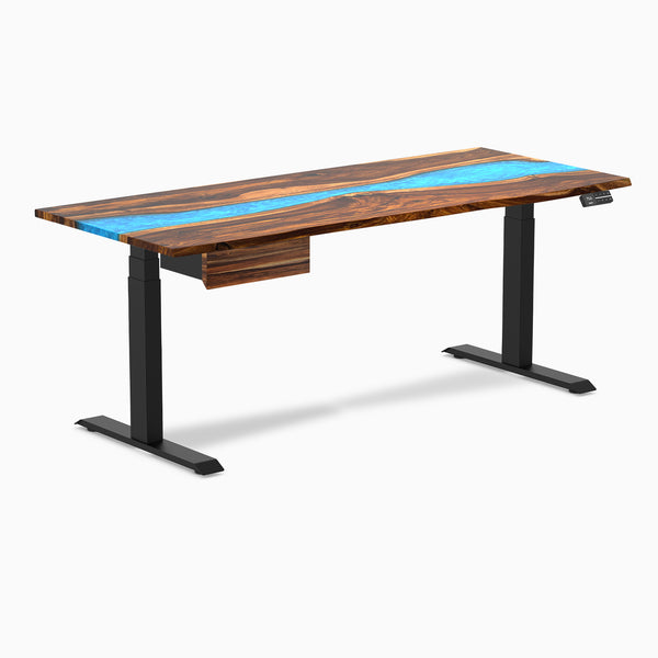Desky Dual Resin Hardwood Standing Desk With Drawer, Pheasantwood Blue River desktop, Matte Black frame