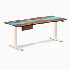 Desky Dual Resin Hardwood Standing Desk With Drawer, Pheasantwood Blue River desktop, Wheat frame