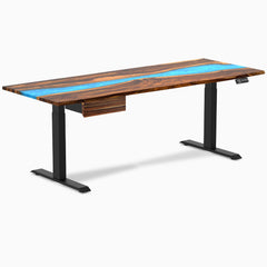 Desky Dual Resin Hardwood Standing Desk With Drawer, Pheasantwood Blue River desktop, Matte Black frame