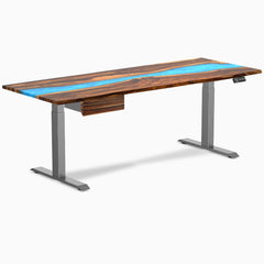 Desky Dual Resin Hardwood Standing Desk With Drawer, Pheasantwood Blue River desktop, Space Grey frame