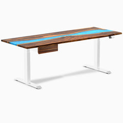 Desky Dual Resin Hardwood Standing Desk With Drawer, Pheasantwood Blue River desktop, White frame