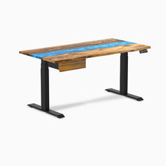 Desky Dual Resin Hardwood Standing Desk With Drawer, Teak Blue River desktop, Matte Black frame