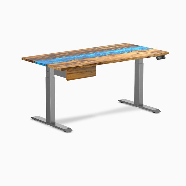 Desky Dual Resin Hardwood Standing Desk With Drawer, Teak Blue River desktop, Space Grey frame