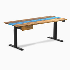 Desky Dual Resin Hardwood Standing Desk With Drawer, Teak Blue River desktop, Matte Black frame