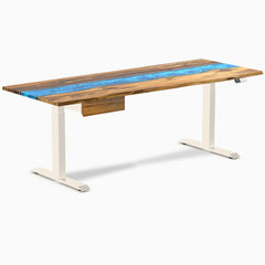 Desky Dual Resin Hardwood Standing Desk With Drawer, Teak Blue River desktop, Wheat frame