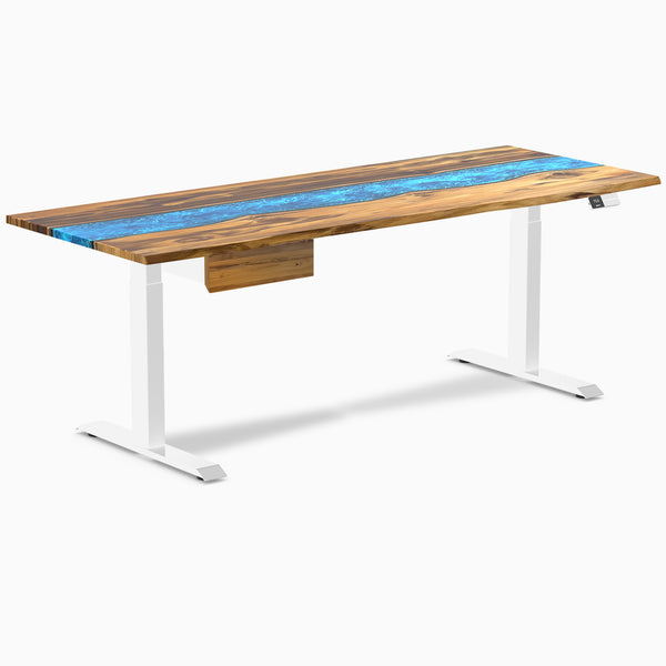 Desky Dual Resin Hardwood Standing Desk With Drawer, Teak Blue River desktop, White frame