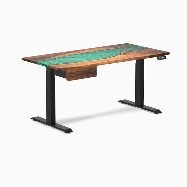 Desky Dual Resin Hardwood Standing Desk With Drawer, Natural Walnut Emerald River desktop, Matte Black frame