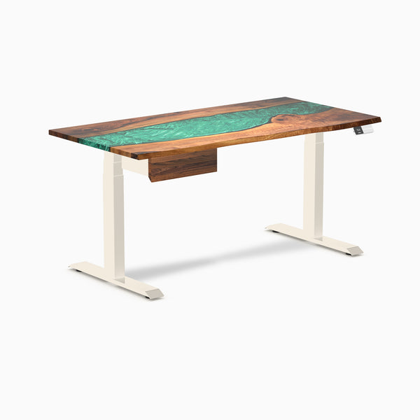 Desky Dual Resin Hardwood Standing Desk With Drawer, Natural Walnut Emerald River desktop, Wheat frame