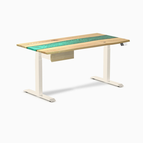 Desky Dual Resin Hardwood Standing Desk With Drawer, White Ash Emerald River desktop, Wheat frame