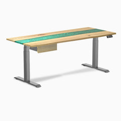 Desky Dual Resin Hardwood Standing Desk With Drawer, White Ash Emerald River desktop, Space Grey frame