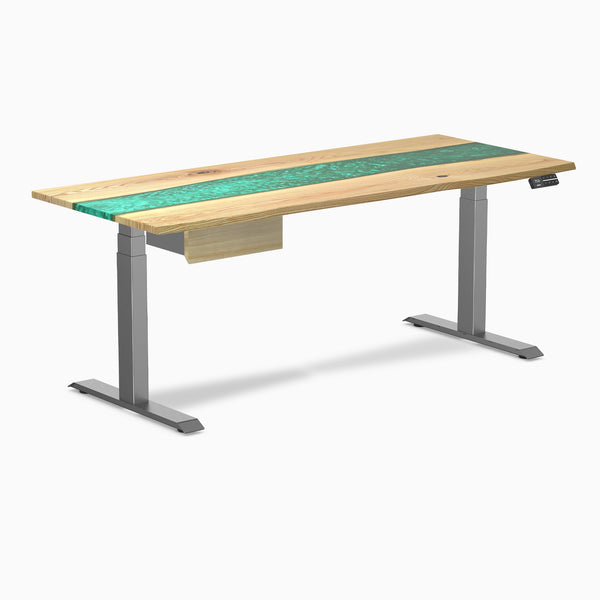 Desky Dual Resin Hardwood Standing Desk With Drawer, White Ash Emerald River desktop, Space Grey frame