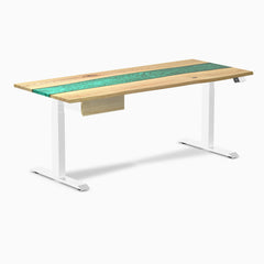 Desky Dual Resin Hardwood Standing Desk With Drawer, White Ash Emerald River desktop, White frame
