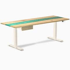Desky Dual Resin Hardwood Standing Desk With Drawer, White Ash Emerald River desktop, Wheat frame