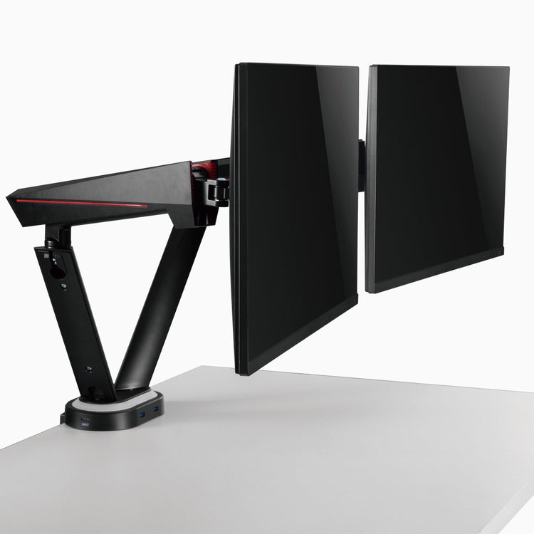 Desky dual LED gaming monitor arm attached to monitors