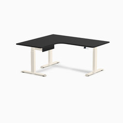 Desky L-Shape Melamine Standing Desk With Drawer, Black desktop, Wheat frame