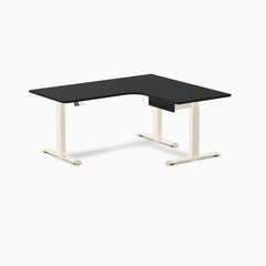 Desky L-Shape Melamine Standing Desk With Drawer, Black desktop, Wheat frame